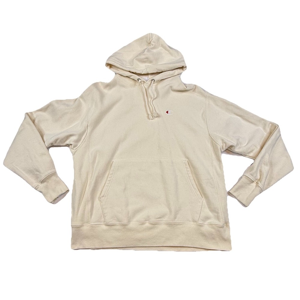 Champion Reverse Weave Hoodie Men's Large Cream/Off White Logo Athleisure
